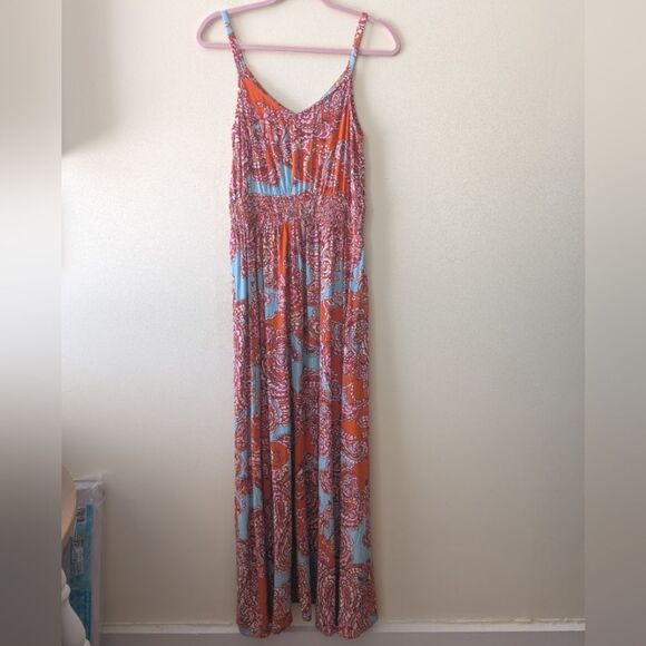 Ivy Street Sleeveless Maxi Sundress Women's Medium Orange Paisley Smocked Waist - Picture 4 of 8